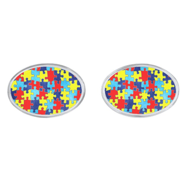 Autism Awareness-Puzzle by Shirley Taylor Silver Cufflinks (Front)