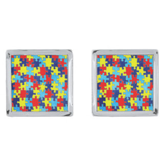 Autism Awareness-Puzzle by Shirley Taylor Silver Cufflinks