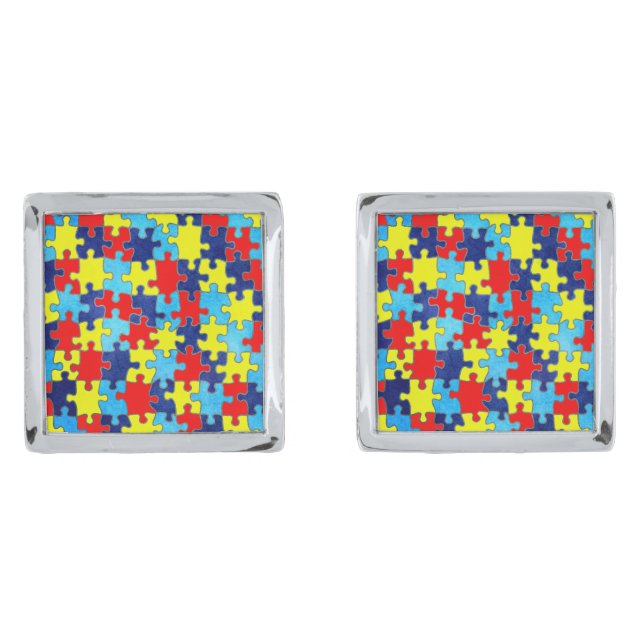 Autism Awareness-Puzzle by Shirley Taylor Silver Cufflinks (Front)