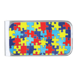Autism Awareness-Puzzle by Shirley Taylor Silver Finish Money Clip