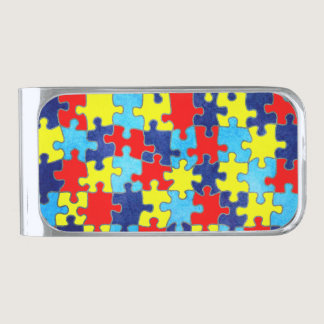 Autism Awareness-Puzzle by Shirley Taylor Silver Finish Money Clip