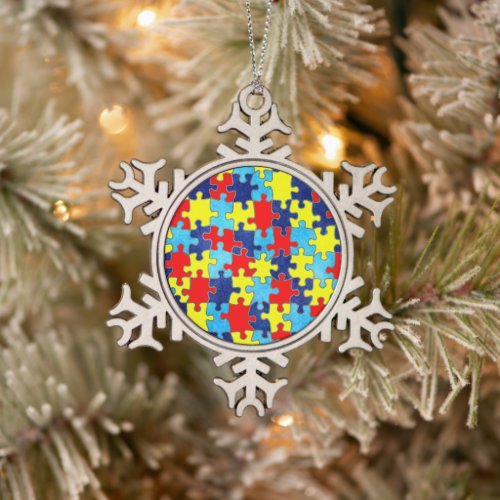 Autism Awareness_Puzzle by Shirley Taylor Snowflake Pewter Christmas Ornament