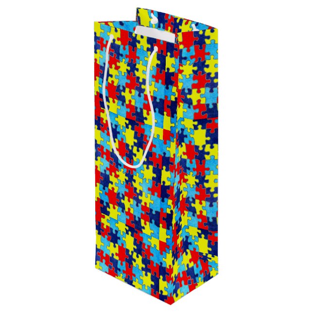 Autism Awareness-Puzzle by Shirley Taylor Wine Gift Bag (Back Angled)