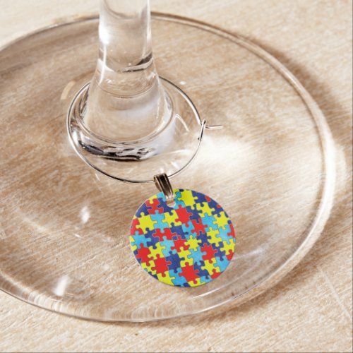 Autism Awareness_Puzzle by Shirley Taylor Wine Glass Charm