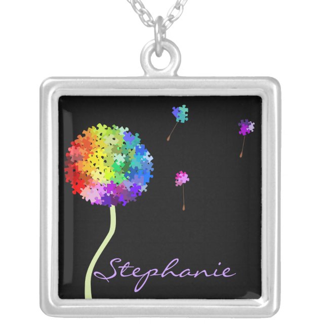 Autism Awareness Puzzle Dandelion Necklace (Front)
