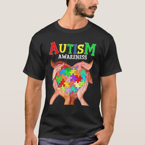 Autism Awareness Puzzle Heart Support Hand Autism  T-Shirt