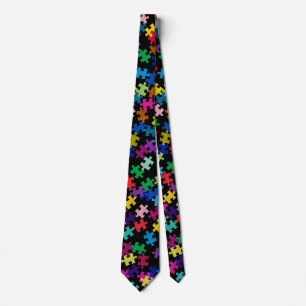 Autism Awareness Puzzle Pattern Black Neck Tie