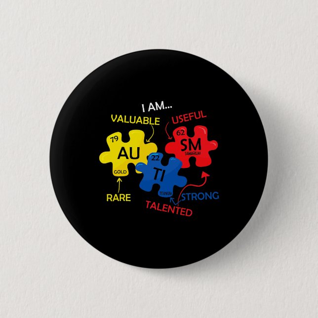 Autism Awareness Puzzle Periodic Table Elements Mo Button (Front)