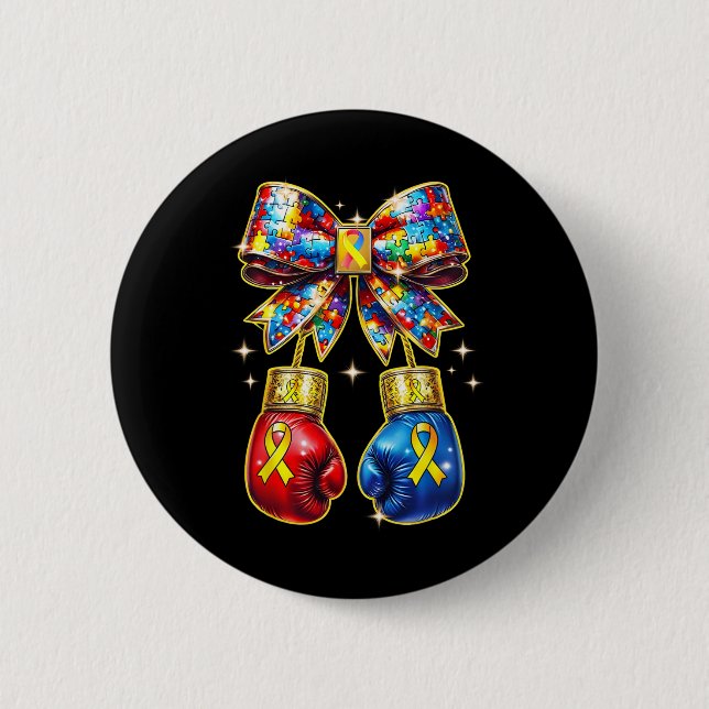 Autism Awareness Puzzle Piece Coquette Bow And Box Button (Front)
