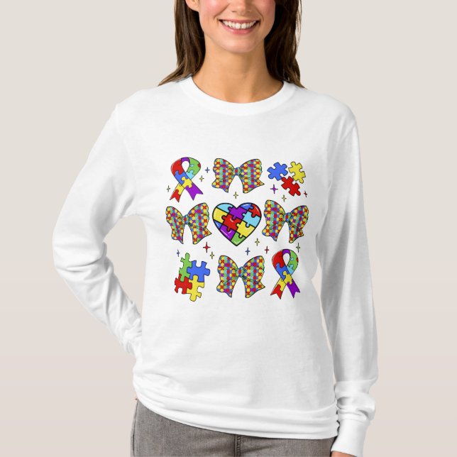 Autism Awareness Puzzle Piece Coquette Bow T-Shirt (Front)