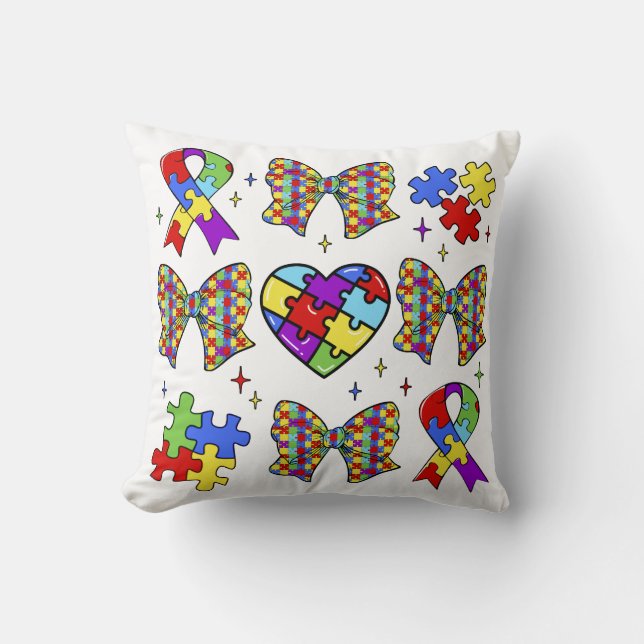 Autism Awareness Puzzle Piece Coquette Bow Throw Pillow (Front)