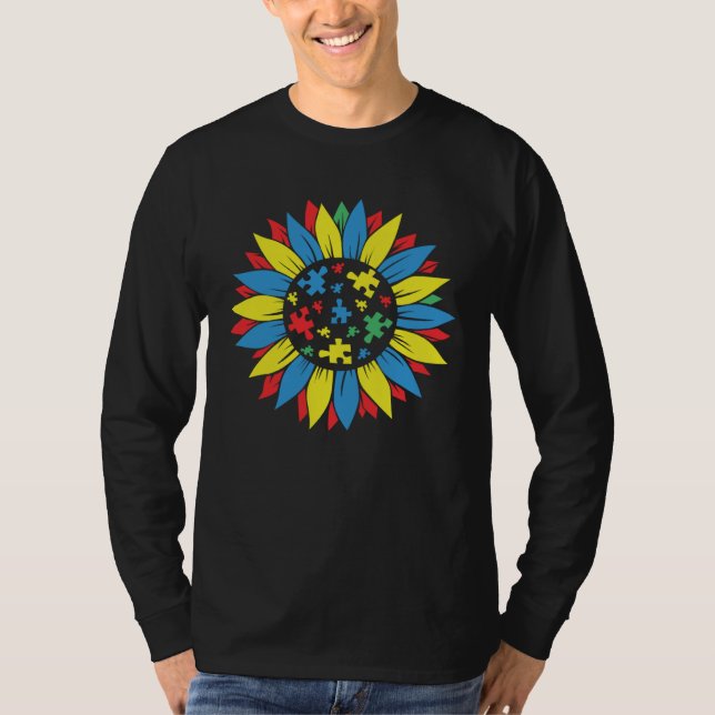 Autism Awareness Puzzle Piece Sunflower Autism War T-Shirt (Front)