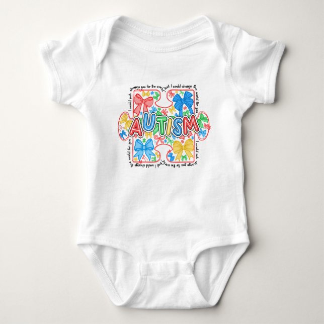 Autism Awareness Puzzle Piece with Coquette Bows Baby Bodysuit (Front)