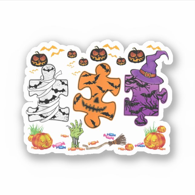 Autism Awareness Puzzle Pieces Halloween Sticker (Front)