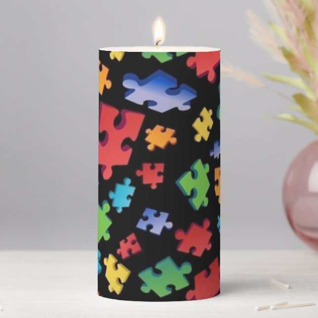 Autism Awareness Puzzle Pieces Pillar Candle (In Situ)