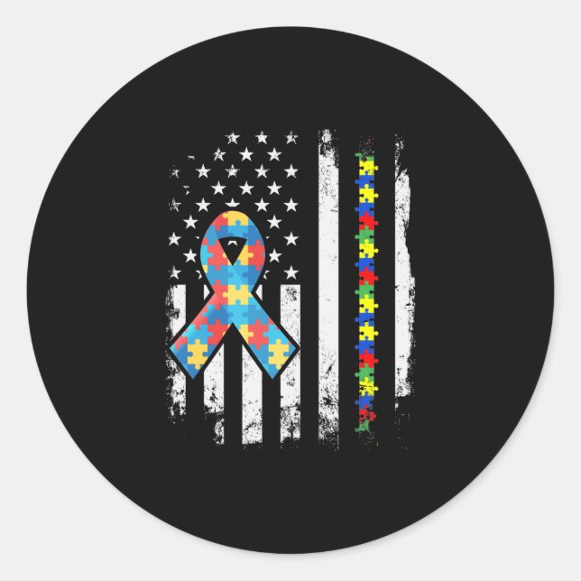 Autism Awareness Puzzle Ribbon American Flag Classic Round Sticker (Front)
