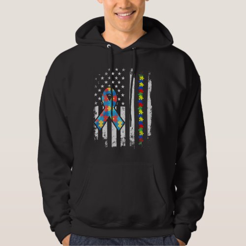 Autism Awareness Puzzle Ribbon American Flag Hoodie