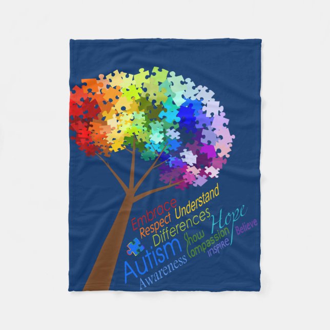 Autism Awareness Puzzle Tree with Words Fleece Blanket (Front)