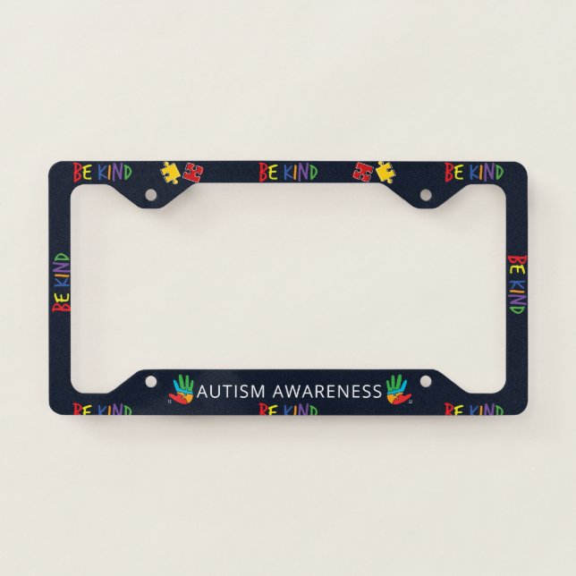 Autism Awareness Puzzles Personalized Be Kind License Plate Frame (Front)