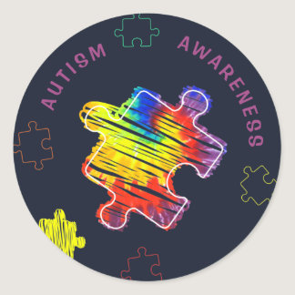 Autism Awareness Puzzles Watercolor Scribbles Classic Round Sticker