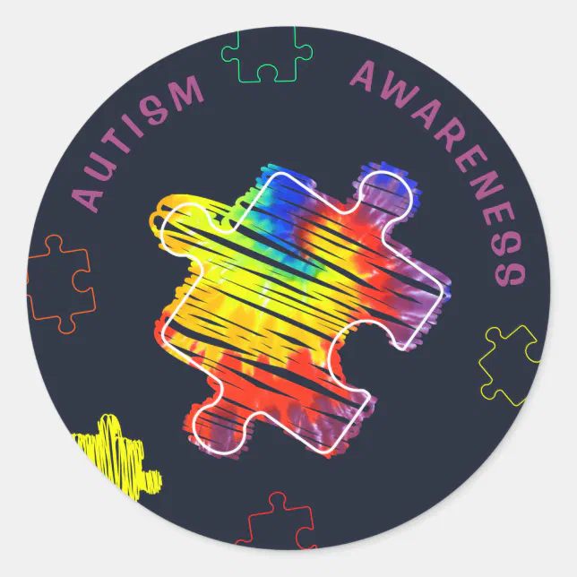 Autism Awareness Puzzles Watercolor Scribbles Classic Round Sticker ...