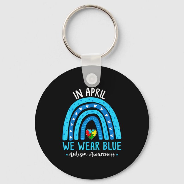 Autism awareness rainbow in april wear blue ribbon keychain (Front)