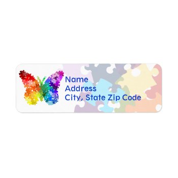 Autism Awareness Rainbow Puzzle Butterfly Label by NightOwlsMenagerie at Zazzle