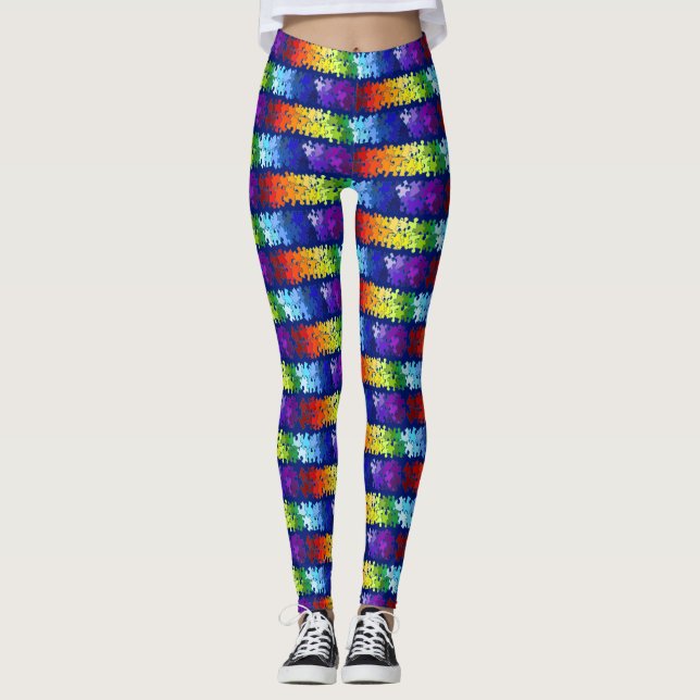 Autism Awareness Rainbow Puzzle Design Leggings (Front)