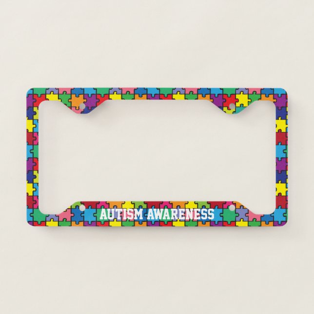 Autism Awareness Rainbow Puzzle Pattern License Plate Frame (Front)