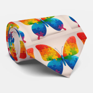 Autism Awareness Rainbow Puzzle Pieces Butterfly Neck Tie