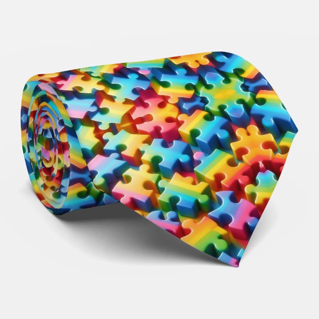 Autism Awareness Rainbow Puzzle Pieces Neck Tie (Rolled)