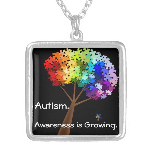 Autism Awareness Rainbow Puzzle Tree Silver Plated Necklace