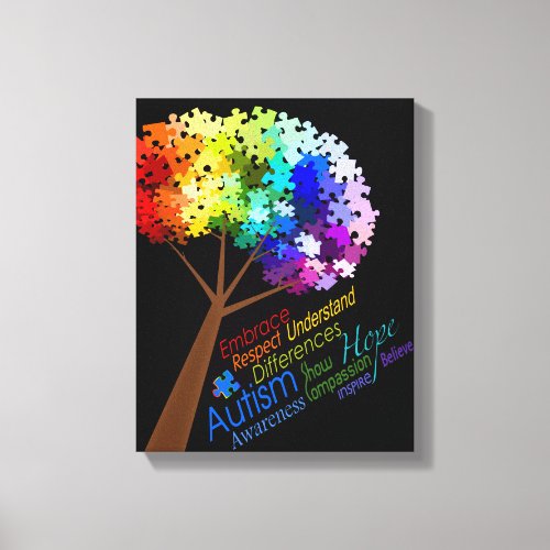Autism Awareness Rainbow Puzzle Tree with Words Canvas Print