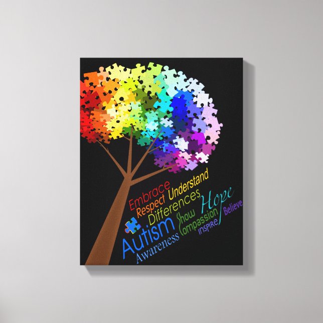 Autism Awareness Rainbow Puzzle Tree with Words Canvas Print (Front)