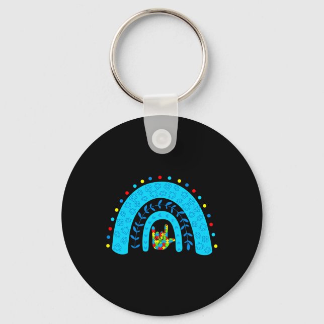 Autism Awareness Rainbow Support Puzzle Love Sign  Keychain (Front)