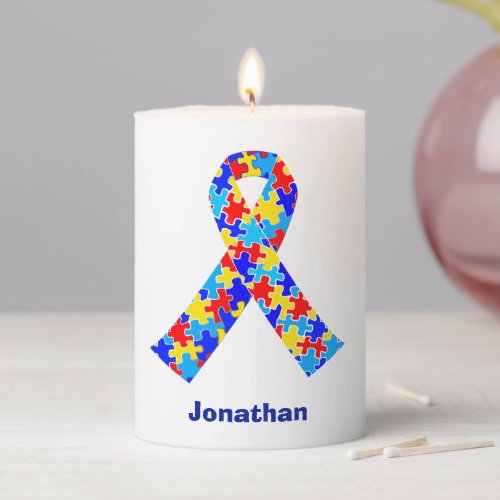 Autism Awareness Ribbon Blue Customizable Pillar Candle