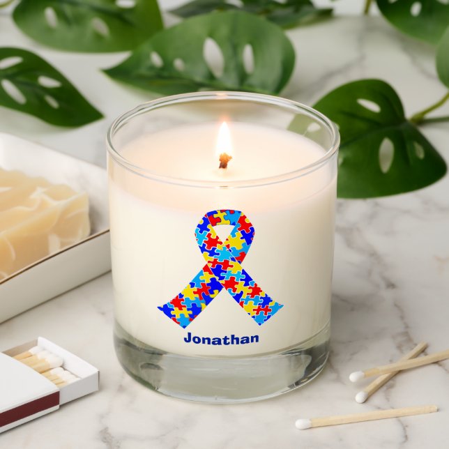 Autism Awareness Ribbon Blue Customizable Scented Candle (Lit)