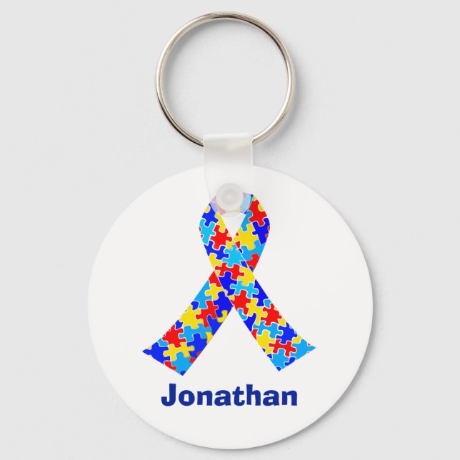 Autism Awareness Ribbon Blue Monogram Keychain (Front)