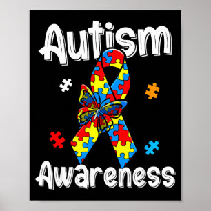 Autism awareness ribbon butterfly puzzle pieces poster