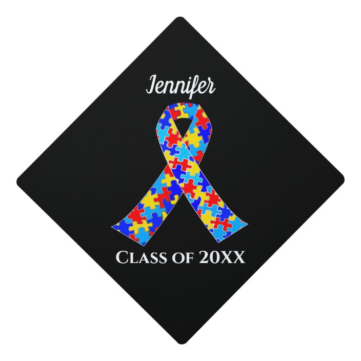 Autism Awareness Ribbon Custom Class Name Black Graduation Cap Topper