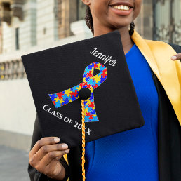 Autism Awareness Ribbon Custom Class Name Black Graduation Cap Topper