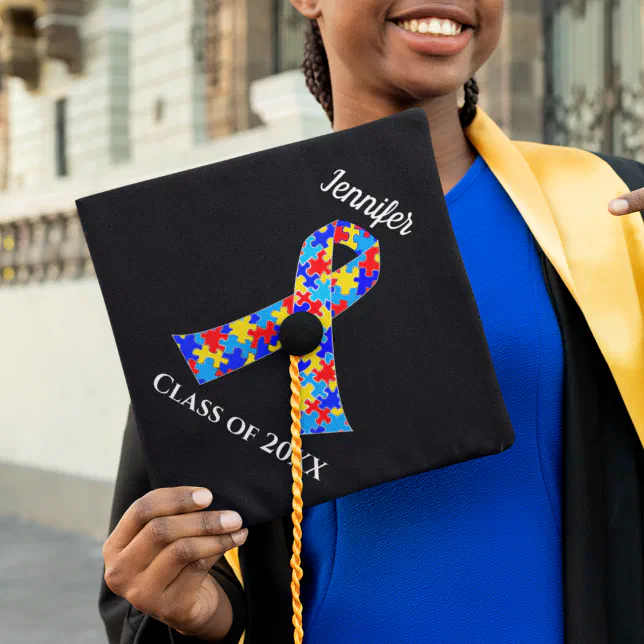 Autism Awareness Ribbon Custom Class Name Black Graduation Cap Topper ...