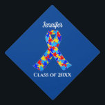 Autism Awareness Ribbon Custom Class Name Blue Graduation Cap Topper<br><div class="desc">Custom Autism awareness ribbon graduate cap topper to raise awareness for autistic friends or family on graduation day. A cool autism cap for a proud autism sister or brother that can be personalized with a name and class year on a beautiful black cap topper.</div>