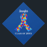 Autism Awareness Ribbon Custom Class Name Blue Graduation Cap Topper<br><div class="desc">Custom Autism awareness ribbon graduate cap topper to raise awareness for autistic friends or family on graduation day. A cool autism cap for a proud autism sister or brother that can be personalized with a name and class year on a beautiful black cap topper.</div>