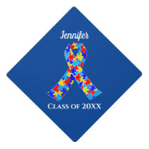Autism Awareness Ribbon Custom Class Name Blue Graduation Cap Topper