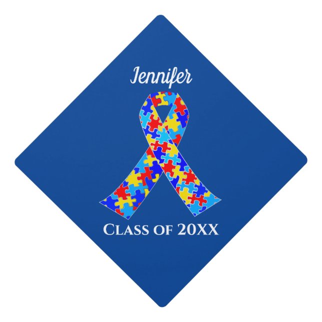 Autism Awareness Ribbon Custom Class Name Blue Graduation Cap Topper (Front)