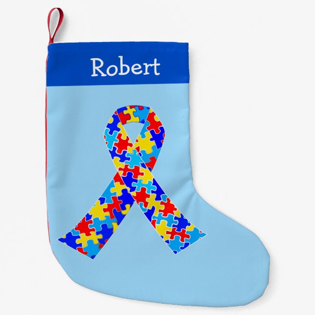 Autism Awareness Ribbon Cute Personalized Blue Small Christmas Stocking (Front)