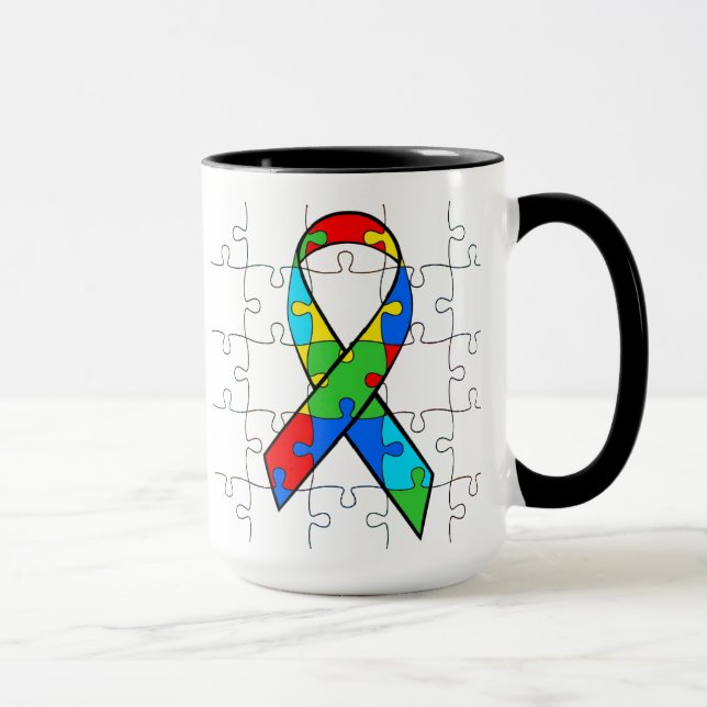 Autism Awareness Ribbon Heart Puzzle Pieces Mug (Right)