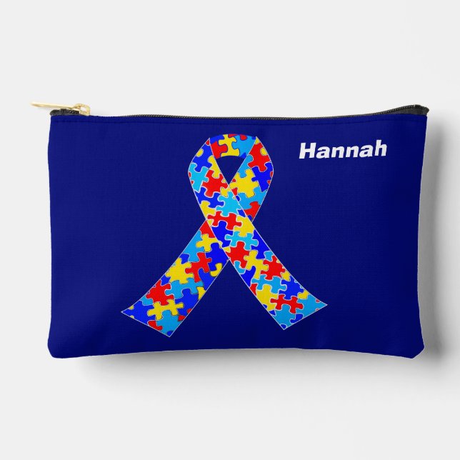 Autism Awareness Ribbon Personalized Blue Accessory Pouch (Front)