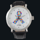 Autism Awareness Ribbon Personalized Watch<br><div class="desc">Beautiful autism ribbon filled with puzzle pieces in blue. A pretty autism awareness personalized watch gift. Monogram with your name.</div>